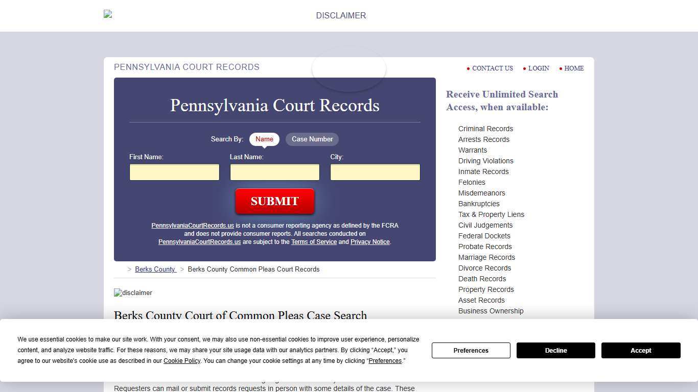 Berks County Common Pleas Court Records PennsylvaniaCourtRecords.us