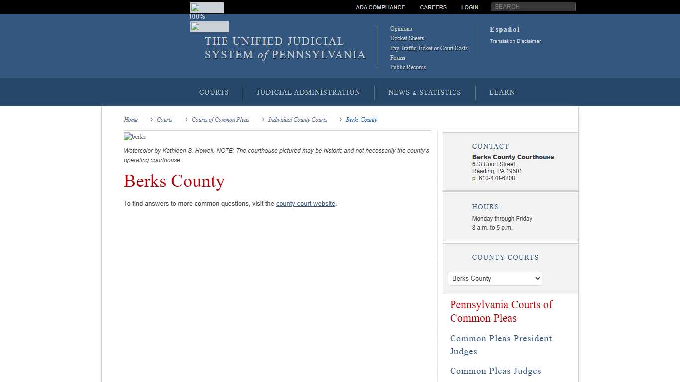 Berks County Individual County Courts Courts of Common Pleas Courts Unified Judicial System of Pennsylvania