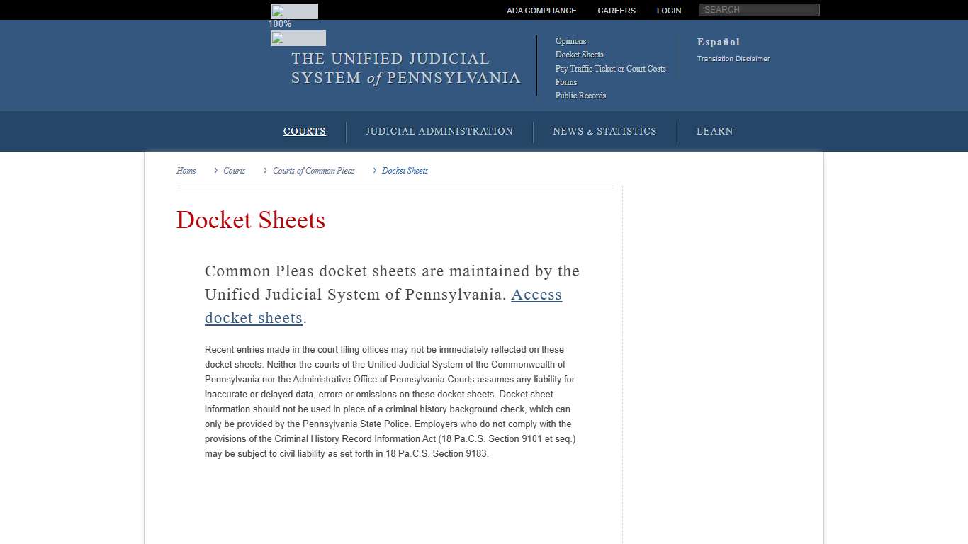 Docket Sheets Courts of Common Pleas Courts Unified Judicial System of Pennsylvania